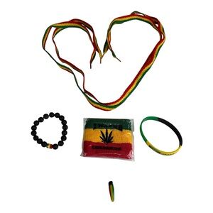 Rasta Themed Accessories Set of 5 shoelace armband bracelets, pendant